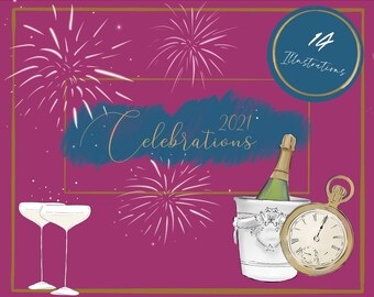May include: An illustration with a celebration theme, featuring fireworks, champagne, and a pocket watch. The image includes the text "Celebrations 2021" and "14 Illustrations" on a magenta background with gold accents.