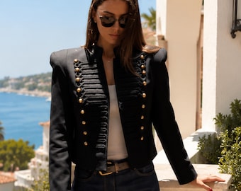 Black Military Style Jacket with Gold Buttons | Embroidered Officer Blazer | Statement Coat for Women | Chic Boho Luxury Outerwear
