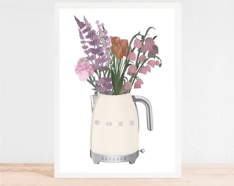 Kettle with flowers - printable illustration | Kitchen Decor | Kitchen Print | Minimalist Art | Floral illustration | Modern Art