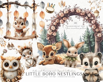 Watercolor Woodland Animals Clipart: Boho Nursery PNG (Commercial Use)