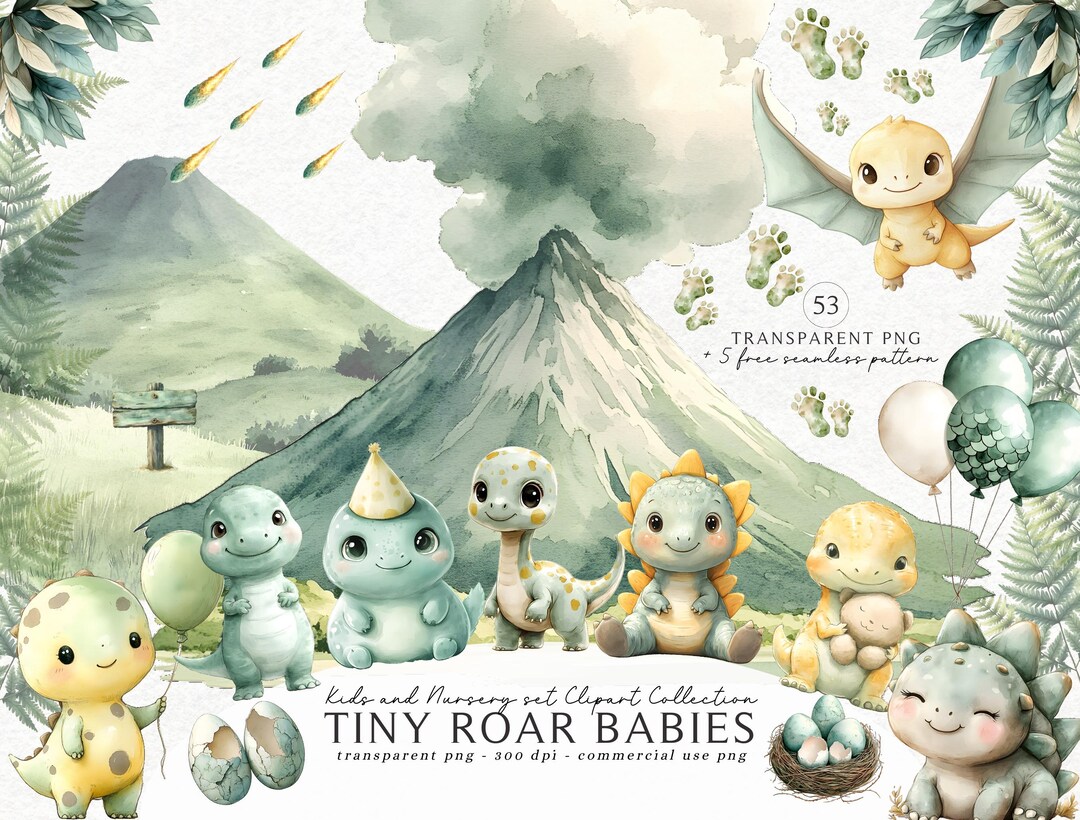 Watercolor Dinosaur Clipart PNG Bundle: Baby Dino Party Decor ...