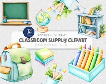 Watercolor Classroom Clipart Set: School Supplies PNG Graphics (Digital Download)