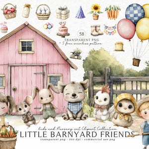 Watercolor Farm Animal Clipart Bundle: Nursery Decor PNG (commercial ...