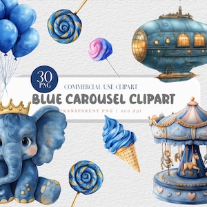 Blue Carousel Watercolor Clipart Bundle Horse PNG Baby Shower Clipart Carnival Ride Art Merry Go Round Digital Download for Kids Party