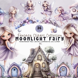 Puede incluir: Ilustración digital con hadas, casas de hadas y un búho. Las hadas están representadas con vestidos lavanda y alas. El texto "Fantasy Clipart Collection MOONLIGHT Fairy" es visible. La imagen es un PNG transparente.