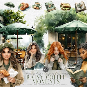 Watercolor Cozy Autumn Clipart Bundle, Coffee Girl PNG, Coffee Lover Cozy Clipart, Commercial Use, Digital Stickers, Commercial Use PNG
