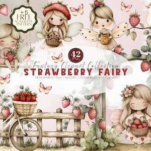 Watercolor Strawberry Fairy Clipart, Cute Pink Fairy Clipart, Baby Fairy PNG, Magical Nursery Clipart, Cute Strawberry Baby Girl Clipart PNG