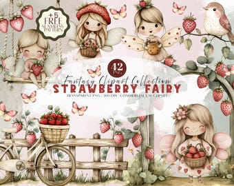 Watercolor Strawberry Fairy Clipart Bundle: Nursery Art PNG (Digital Download)