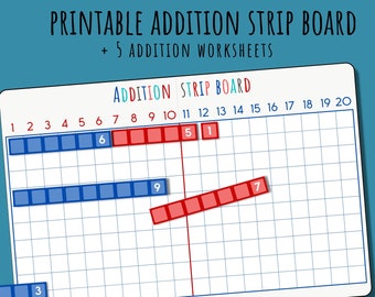 May include: Printable addition strip board with numbers 1 to 20, a red line dividing the board, and blue and red number strips. The board is used for teaching addition.