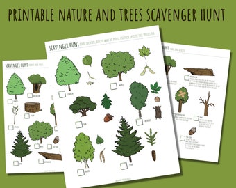 May include: A printable nature and trees scavenger hunt activity sheet set featuring hand-drawn illustrations of various trees, leaves, acorns, and logs with checkboxes for identification and text prompts for discussion and learning.