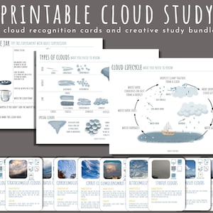 Estudio de nubes imprimible para el plan de estudios de educación en el hogar, materiales para estaciones meteorológicas, materiales Montessori, kit de nubes imprimible de Charlotte Mason