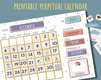 May include: A printable perpetual calendar featuring a December grid with numbered squares, a year box labeled 2022, and sections for yesterday, today, and tomorrow. Includes small icon cards for weather and events with colorful confetti accents.