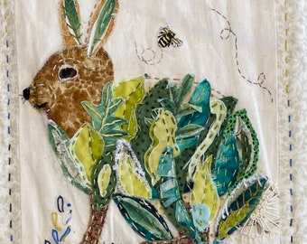 Bunny. Panel 2. Raw edge slow stitching digital paper pattern.