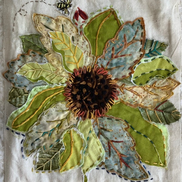 Sunflower. Panel 1. Raw edge slow stitching digital paper pattern