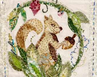 Squirrel.  Panel 3. Raw edge slow stitching digital pattern