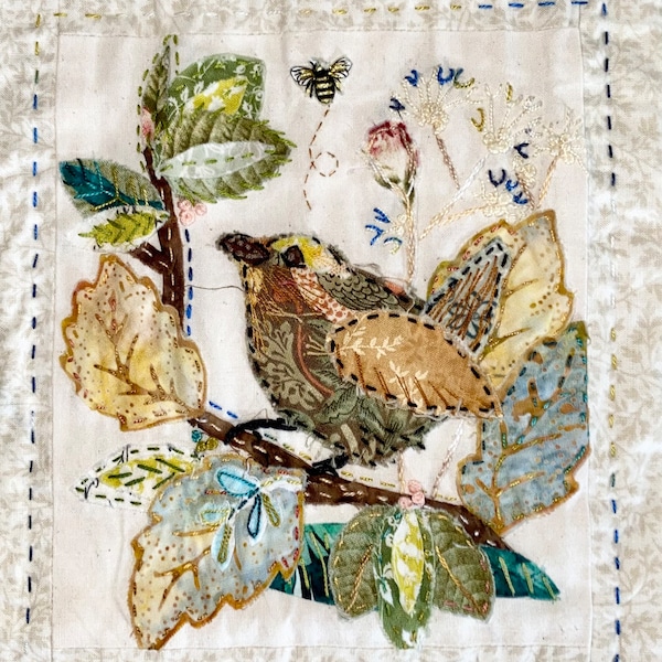 Bird with Rose. Panel 12. Raw edge slow stitching digital pattern.