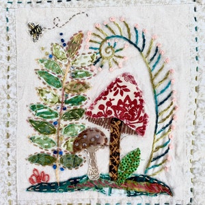 Mushrooms and Ferns. Panel 7. Raw edge slow stitching digital pattern.