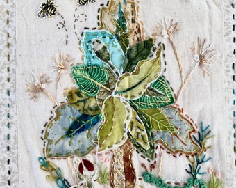 Leaf Tree with Caterpillar. Panel 9. Raw edge slow stitching digital pattern.