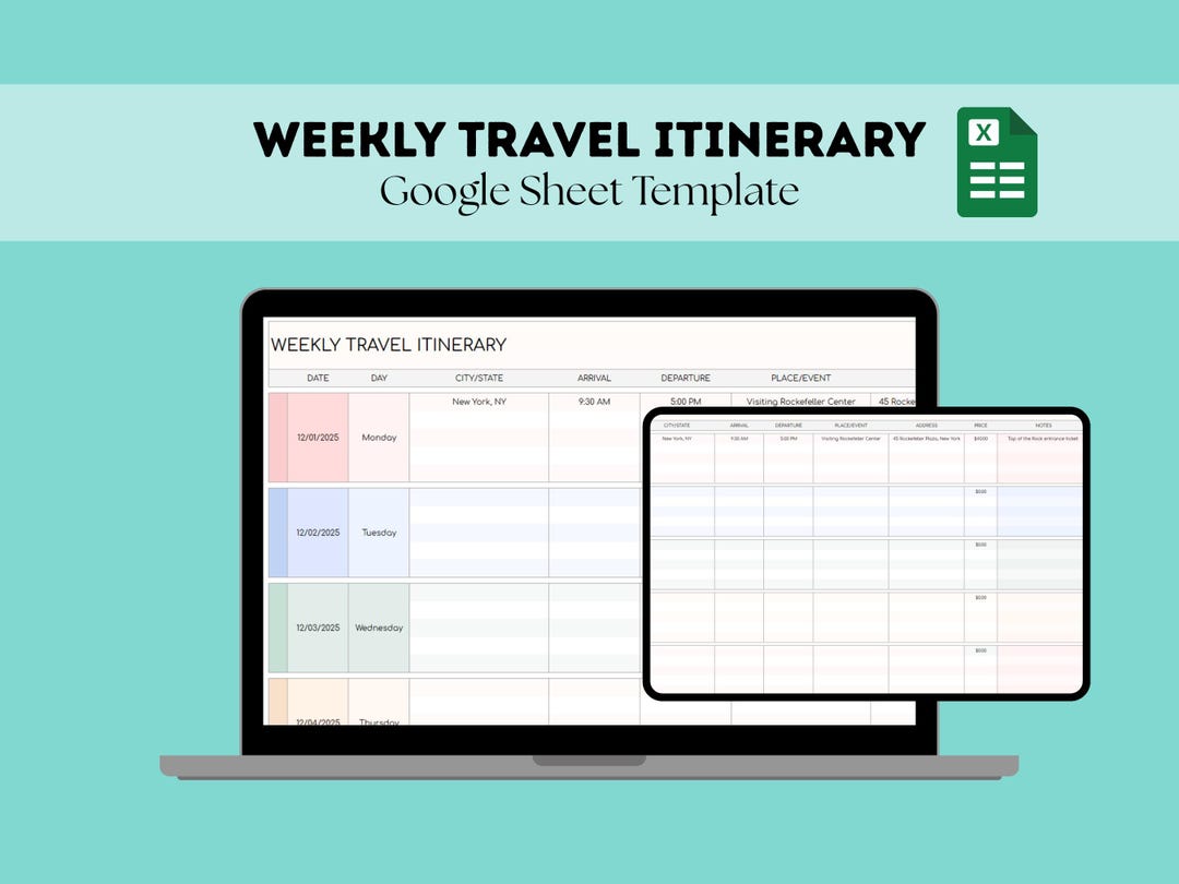 Travel Itinerary Google Sheets Template | Minimal Weekly Trip Planner ...