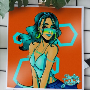 Ästhetischer Y2K-Kunstdruck: Retro-Vibes mit Orange, Hellblau und flippigen Ski-Sonnenbrillen • Glänzender Druck
