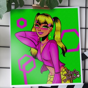 Ästhetischer Y2K-Kunstdruck: Retro-Vibes mit grünen, rosa und flippigen rechteckigen Sonnenbrillen • Glänzender Druck