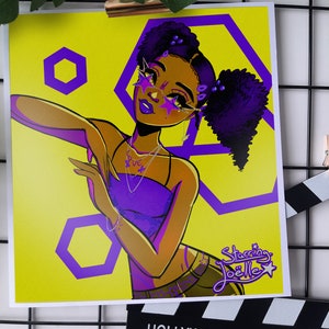 Ästhetischer Y2K-Kunstdruck: Retro-Vibes mit Sonnenbrillen in Gelb, Lila und Funky Star • Glänzender Druck