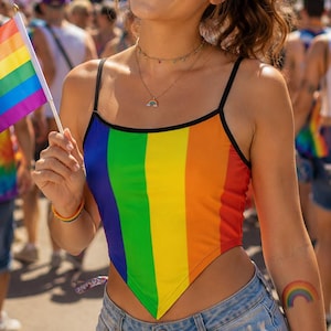 May include: A woman smiles, holding a rainbow flag at a Pride event. She wears a rainbow-striped top, denim shorts, and a rainbow bracelet. A rainbow tattoo is visible on her arm. The background shows a crowd and rainbow flags.