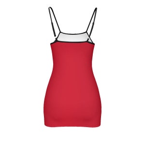 May include: A red sleeveless mini dress with thin black straps.
