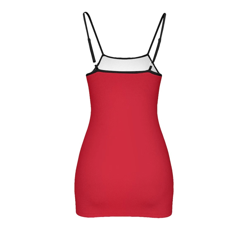 May include: A red sleeveless mini dress with thin black straps.
