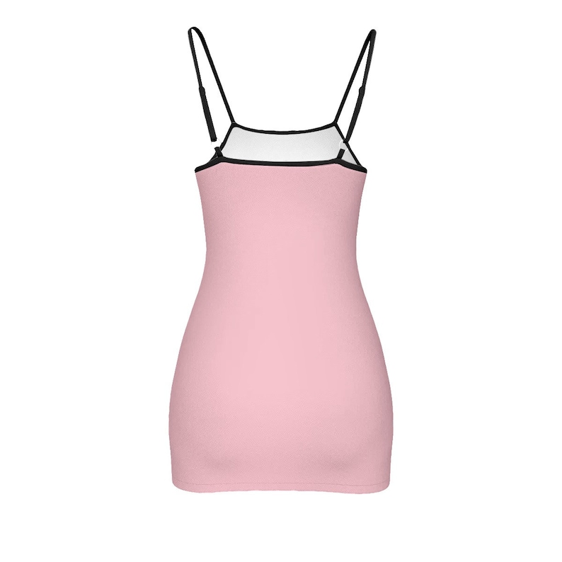 May include: A pink sleeveless mini dress with thin black straps.