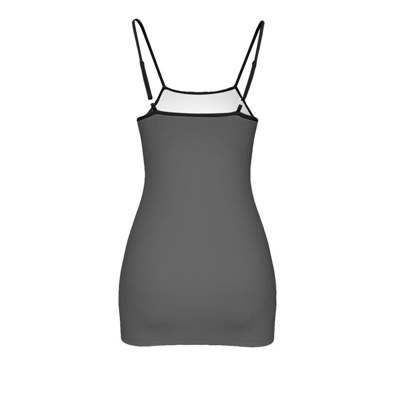 May include: A dark gray sleeveless mini dress with thin straps.