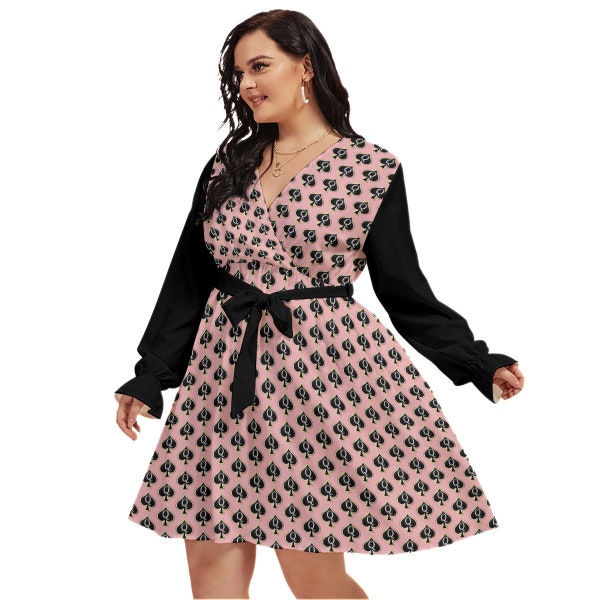 Women's Plus Size Queen of Spades V-neck Dress With Waistband,