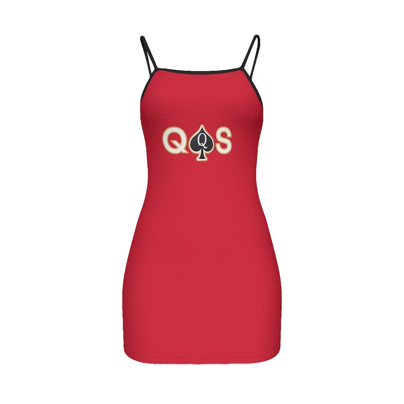 May include: Red sleeveless mini dress with a black and gold graphic of the letters Q, S, and a spade playing card symbol.