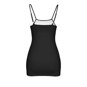 May include: A black spaghetti strap mini dress with a simple design.