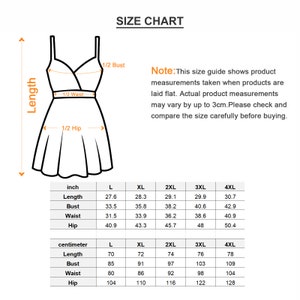 May include: Size chart for a dress with measurements in inches and centimeters. The chart shows the length, bust, waist, and hip measurements for sizes L, XL, 2XL, 3XL, and 4XL.