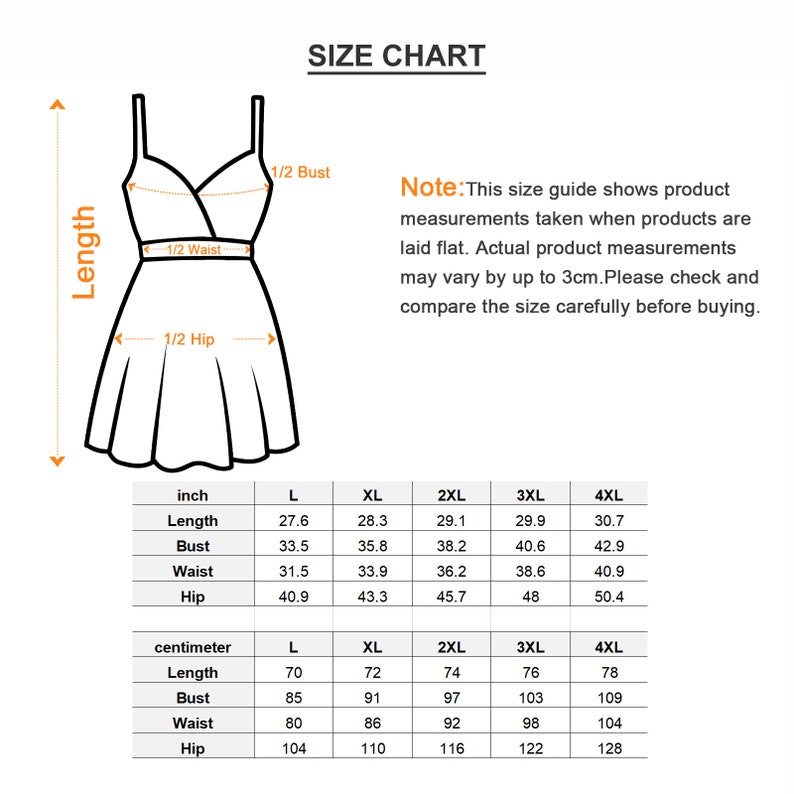 May include: Size chart for a dress with measurements in inches and centimeters. The chart shows the length, bust, waist, and hip measurements for sizes L, XL, 2XL, 3XL, and 4XL.
