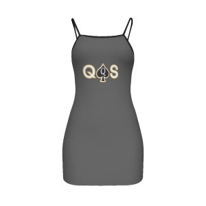 May include: A gray sleeveless dress with a black and gold graphic of the letter Q, a spade symbol, and the letter S.