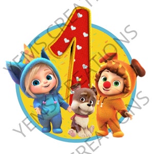 May include: A yellow circle with a red number one, surrounded by confetti. Two cartoon characters, one in blue and one in orange, stand on either side of the number. A brown dog sits in front of the number.