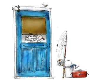 Puede incluir: Una puerta de madera azul con un letrero que dice "Back in 5 min gone fishin". Una caña de pescar, un carrete, un cubo y una caja de aparejos están sentados afuera de la puerta.