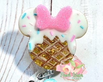 Ice Cream Mickey head badge reel Disney inspired lanyard