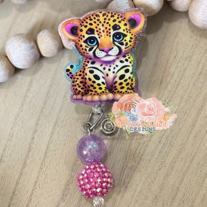 Cordón portatarjetas con estampado de leopardo y gatito inspirado en Lisa Frank