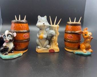 Bone China Toothpick holders - Vintage Japan - Bunny - Squirrel - Skunk -