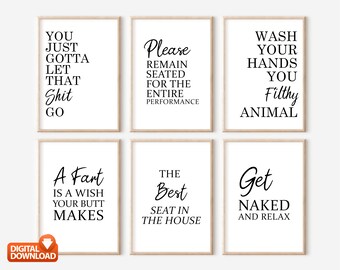 Funny Bathroom Prints, Set of 6, Rude Wall Art, Digital Download