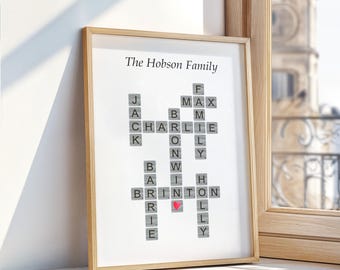 Scrabble Familiennamen Print, farbige Fliesen, personalisierte Familien Wandkunst, A4/A5, PDF