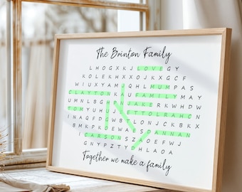 Personalised word search family print, landscape puzzle wall art, customised print, A4 A5 PDF