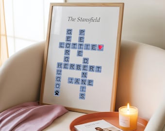 Scrabble family name print, personalised family letter tile wall art, A4 A5 PDF