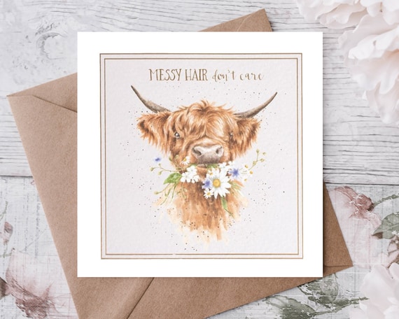Wrendale Highland Cow Card, Messy Hair Don't Care, Gold Foil
