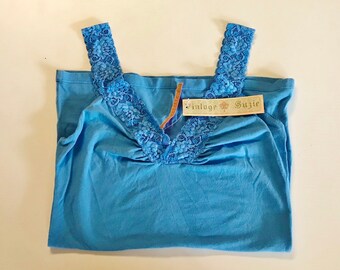 TURQUOiSE BLue StretCH CoTTon TANK ToP, by CHARLOTTE TARANTOLA, LacE Straps, ViNTAGE CoTTon, Size Large, Y2k, NeVER WoRN Original Tags