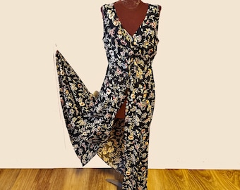 BLACK FLORAL MAXi DRESS, by Robbie Bee, VinTaGe 1990's DouBLe BoDice FronT Tie, Black Pastel Flower Print, Size 10, Rayon Sleeveless A-line