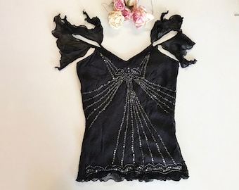 BLaCK SEQUIN CAMiSOLE TOP, by GUESS, Dainty Sheer WoMen's BeaDeD BLouse, VinTage Art Deco Look, 1990's Size Medium, BeauTiFuL, Never Worn!